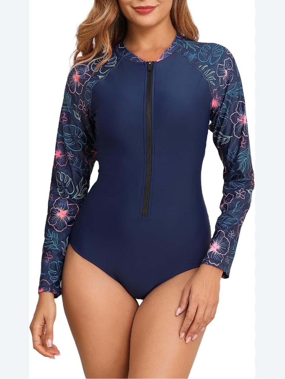 NWT Halcurt Navy Floral Long Sleeve Zip Front One Piece Rash Guard Swimsuit  S